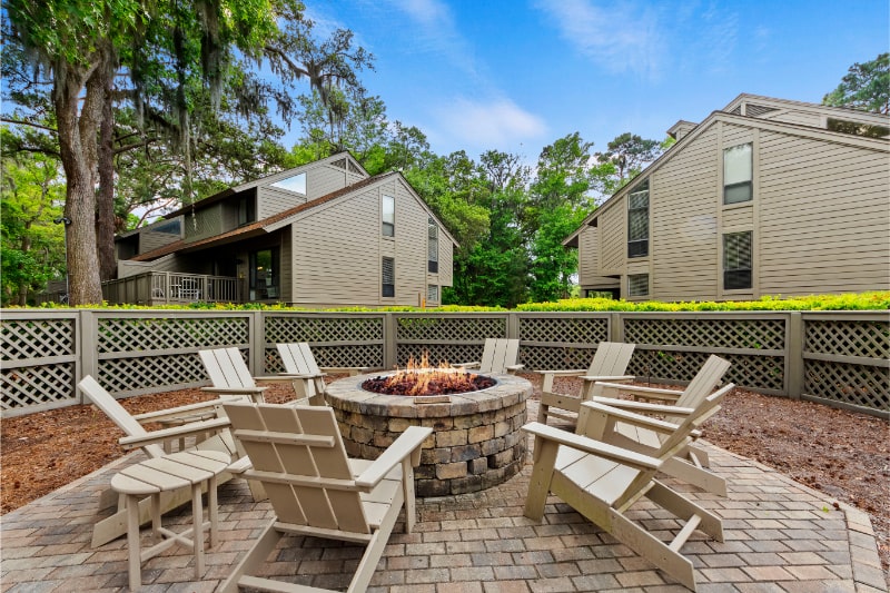 The outdoor fire pit at Spicebush at Sea Pines on Hilton Head Island, SC.